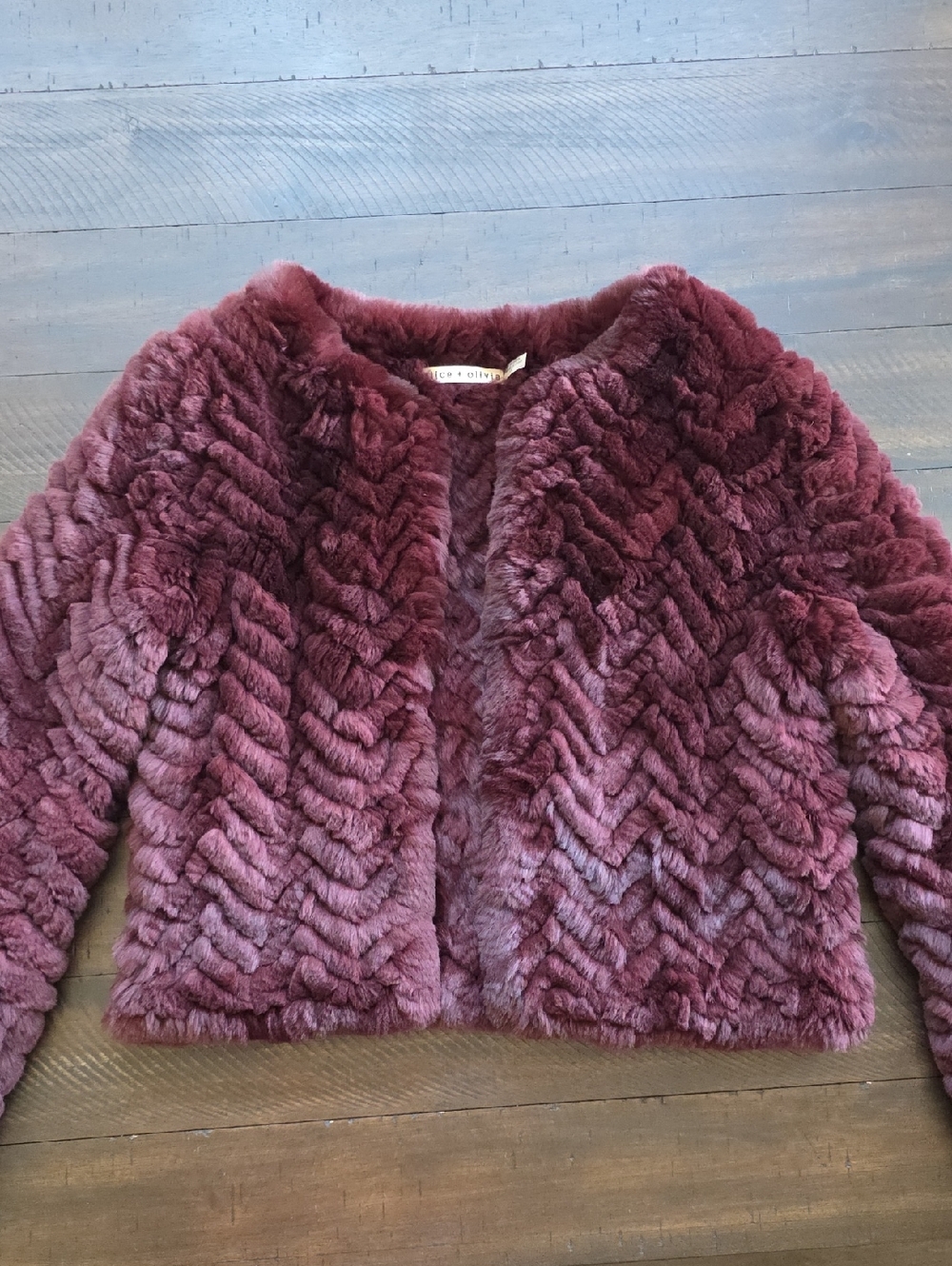 Alice+Olivia Chevron Knit Plush Dyed Rabbit Fur Jacket Burgundy  MSRP$1495 Sz S